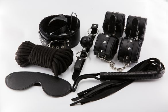 Набор БДСМ с мехом черный(Оковы, поножи, кляп, плеть, ошейник, маска, веревка) TC-7002,ТС-7006