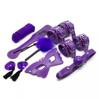 Набор БДСМ фиолетовый длинный (шлепка, веревка, маска кляп, ниппели, оковы, пушок, поножи) ТС-8002